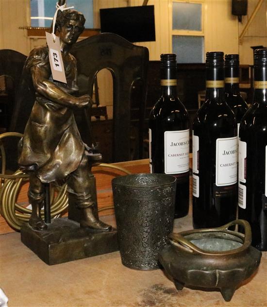 A Spelter figural lamp, a censer and a beaker